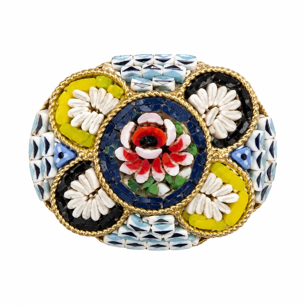 Vtg Italian Micro Mosaic Brooch Floral Glass Gold Tone Oval Pin 1"